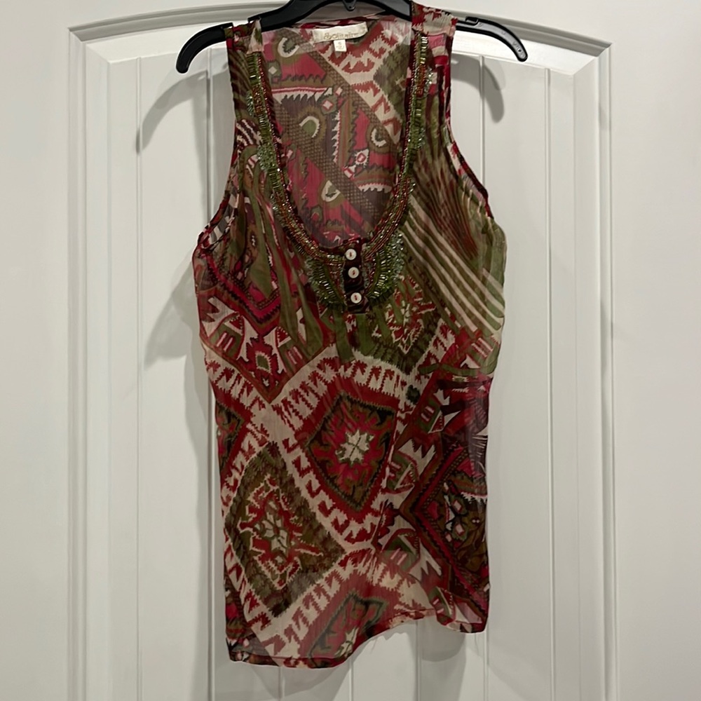 Solitaire sheer scoop neck too. Multi color. Bead detail. See through.Sleeveless